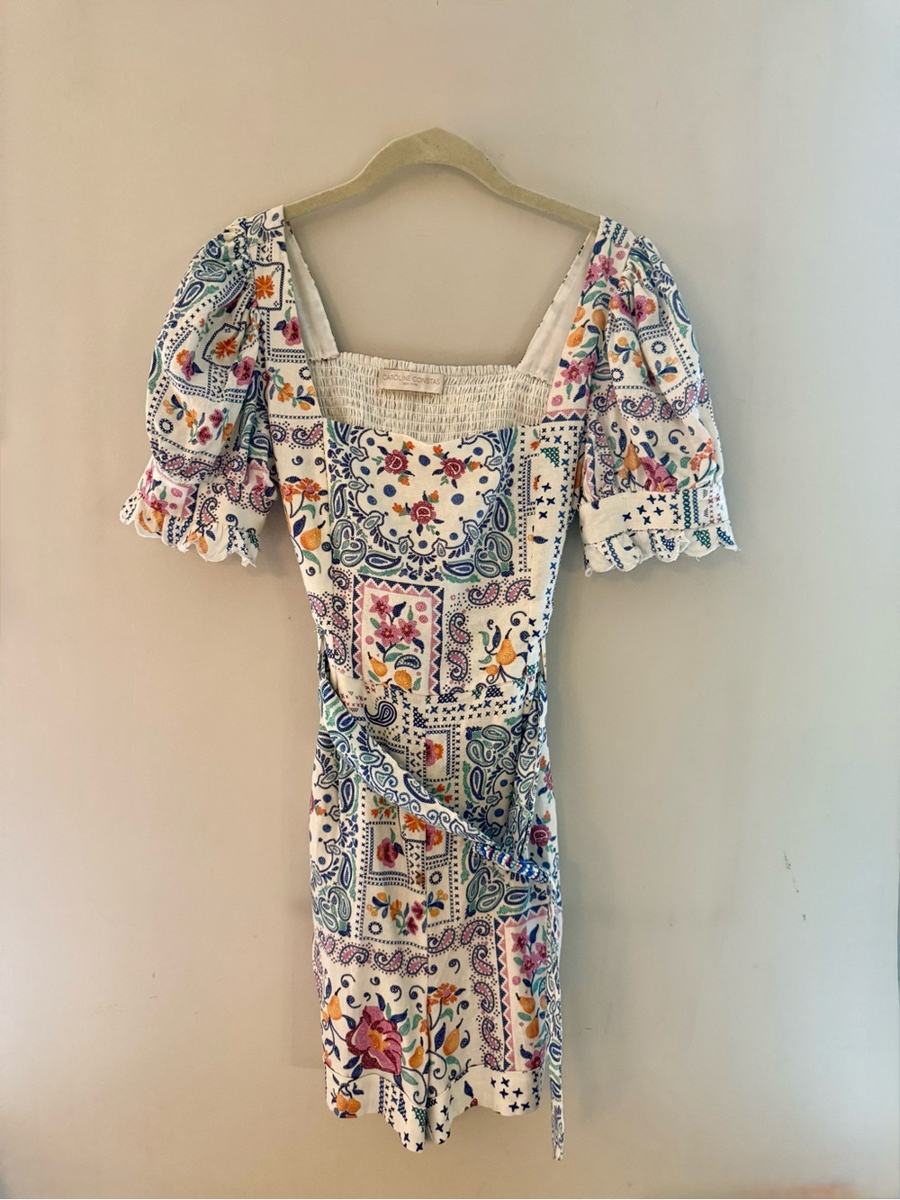 Caroline Constas White Floral Paisley Linen Romper, Medium